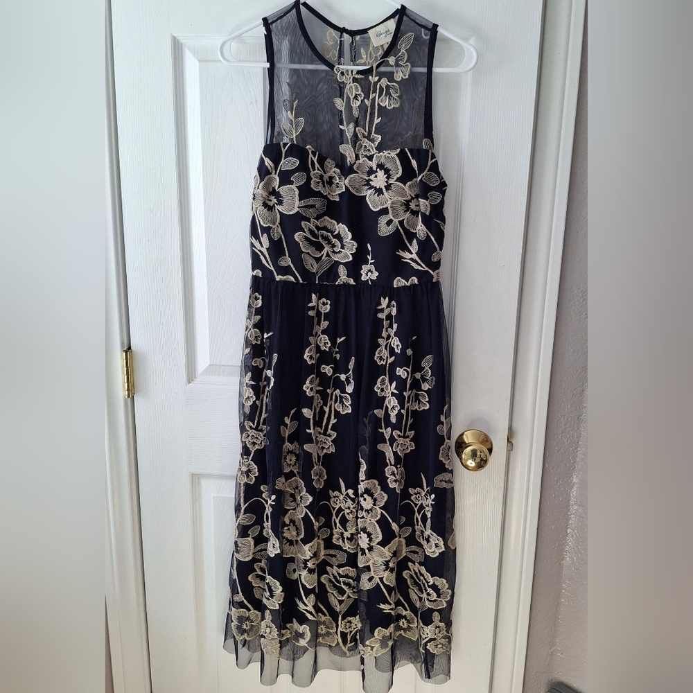 Beige By eci Womens Sz 4 Navy Dress Taupe Gold Embroidery MIDI Mesh Party Sheer